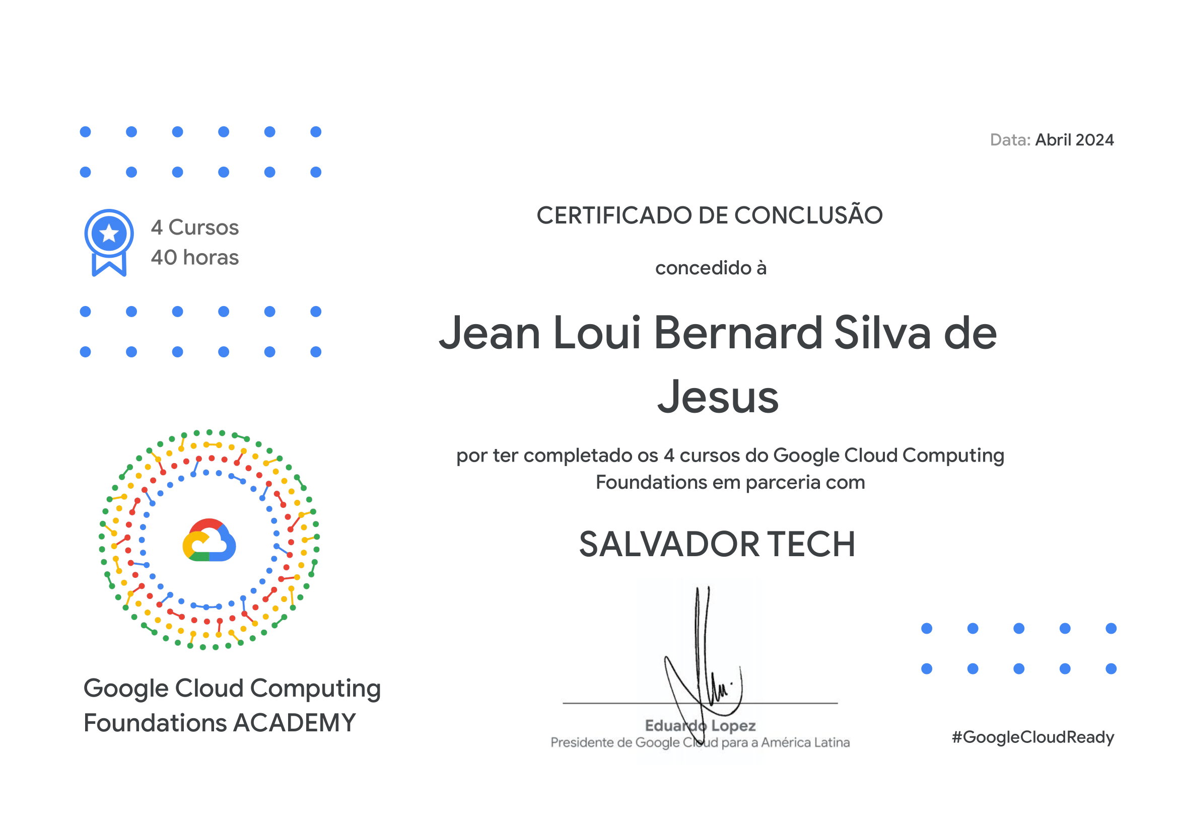 Google Cloud Computing Foundations Academy certificate issued by Google
