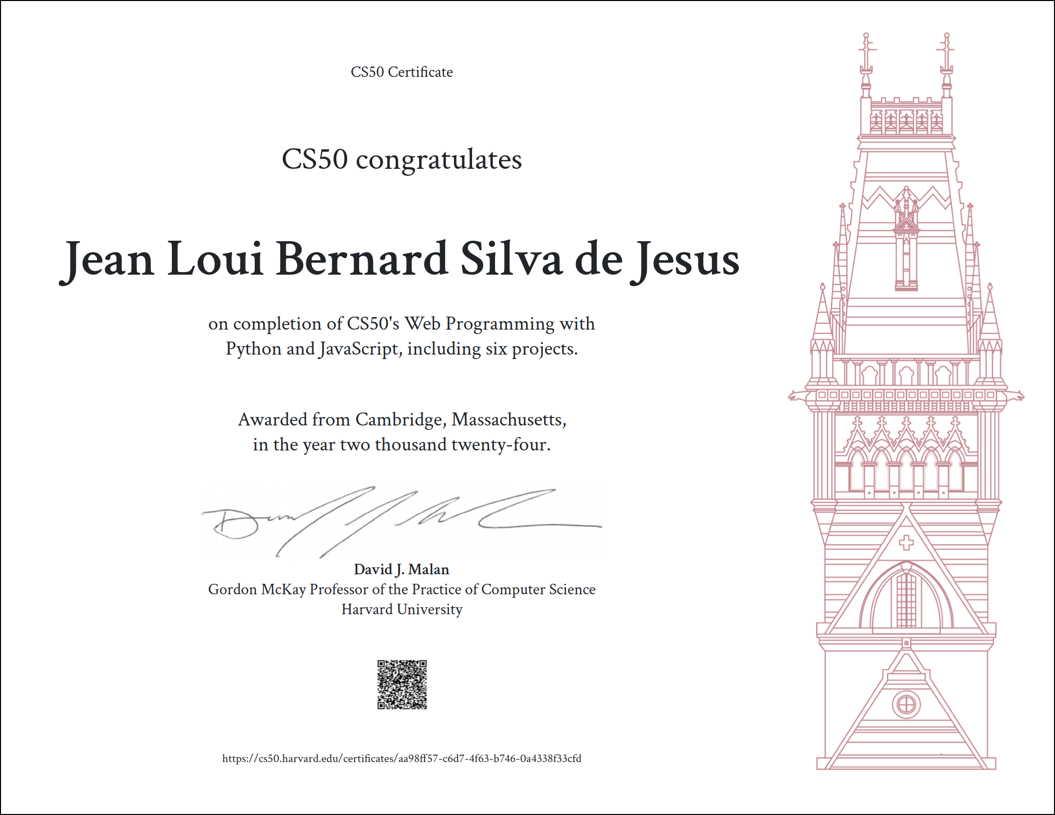 Web Programming with Python and JavaScript (CS50W) certificate issued by HarvardX