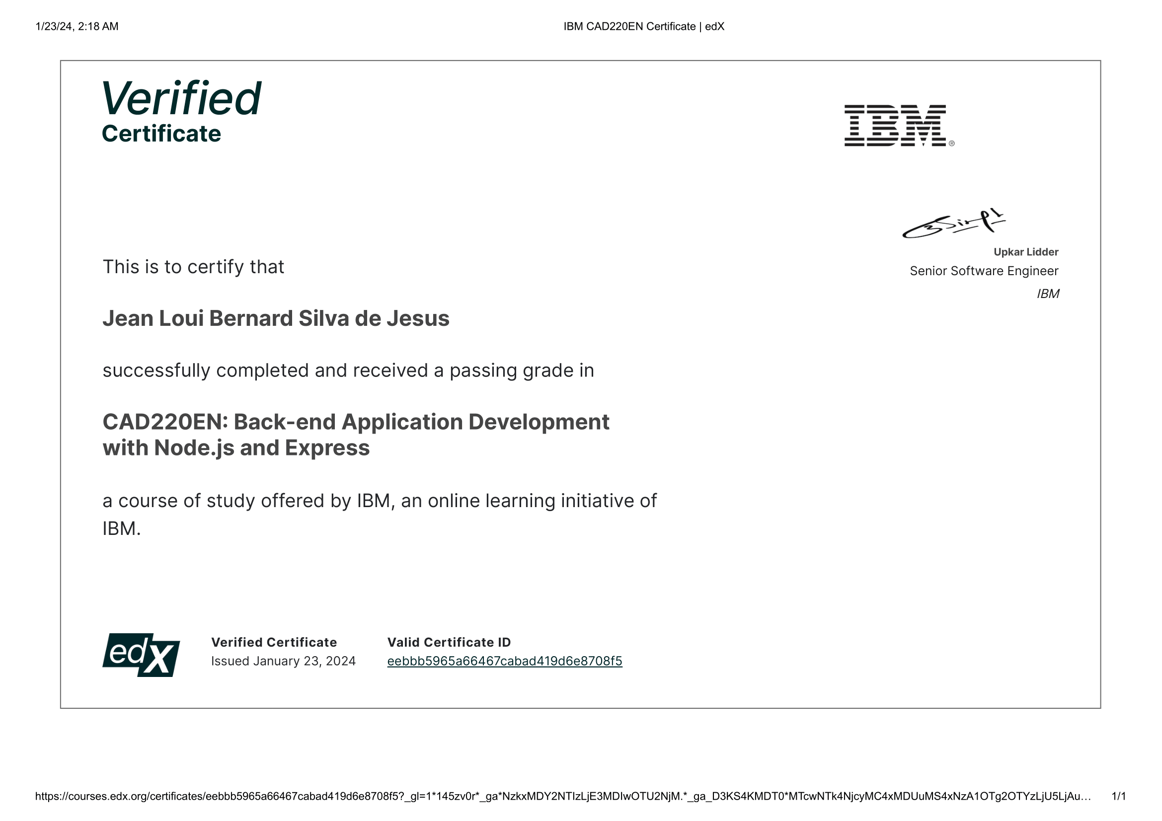 Back-end Application Development with Node.js and Express certificate issued by IBM